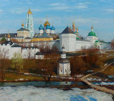 Акжигитов Ильдар "Троице-Сергиева Лавра. Весна", 2012-2013 гг. 80х90 см, холст, масло 