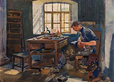 Шестопалов Николай Иванович (1875-1954 гг).
Ученик И.Е. Репина, "Колхозная ремонтная 
