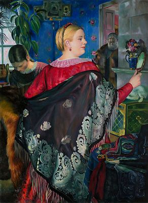 [Большой формат] Кустодиев Борис Михайлович (1862-1930гг.), Купчиха с зеркалом, 1920г., холст 