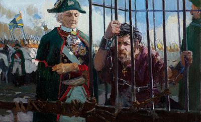 Подкопаева Мария "Суворов и Пугачёв", 2004 г., 51х83 см, холст, масло. Лауреат Золотой Медали МФКД.