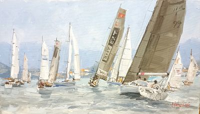Алексеев Сергей. "Регата. Город Пераст", 2014 г., 31x70 см, холст, масло. Сергей Владимирович 