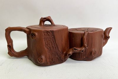Двойной китайский чайник ZiSha из исинской глины в форме срощенных пней. Ручная авторская 