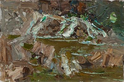 Волков Даниил Викторович "Водопад в лесу" 20х30 см, 2012 г. Картон, масло.