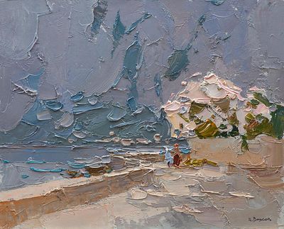 Волков Даниил Викторович "Дорога вдоль моря" 20х25 см, 2013 г. Картон, масло.