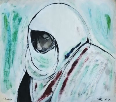 רות שלוס (2013 - 1922) . דמות אישה מכוסה, 
שמן וגואש על נייר, 
33x38 ס"מ. 
חתום.