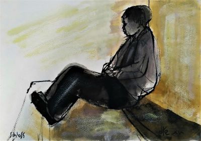 רות שלוס (2013 - 1922) . נער במעברה, 
שמן וגואש על נייר, 
24x35 ס"מ. 
חתום.