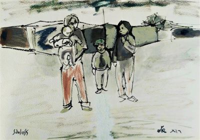 רות שלוס (2013 - 1922) . משפחה במעברה, 
שמן וגואש על נייר, 
24.5x34.5 ס"מ. 
חתום.