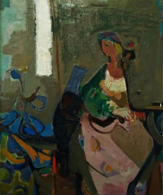 משה רוזנטליס (2008 - 1922) . נערה בסטודיו, 
שמן על בד מוצמד לקרטון, 
72x60 ס"מ. 
חתום.