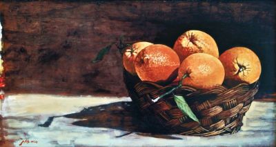 אריה אזן (נ.1934). תפוזים, 
שמן על עץ, 
36x68 ס"מ. 
חתום.