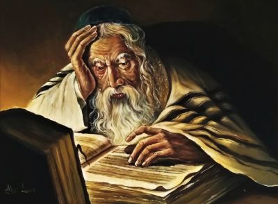 אלכס לוין (נ.1975). רב לומד תורה, 
שמן על בד, 
60x80 ס"מ. 
חתום.