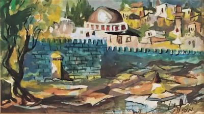 אמן לא מזוהה. נוף ירושלים, 
אקוורל על נייר. 
12x20 ס"מ. 
חתום.