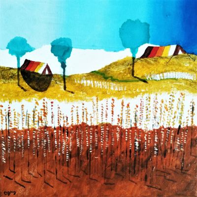 עודד פיינגרש (1938). אוהלים בנוף, 
שמן על בד, 
30x30 ס"מ. 
חתום.