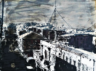 אריה אזן (נ.1934) . תל אביב, 
אקריליק על נייר, 
52x70 ס"מ. 
חתום. 
מקור: סטודיו האמן.