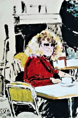 אריה אזן (נ.1934). נערה בבית קפה, 
אקריליק על נייר, 
57x38 ס"מ. 
חתום.