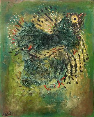 ישראל פלדי (1892-1979). ציפור,
שמן וקולאז' על בד,
50x40 ס"מ.
חתום.