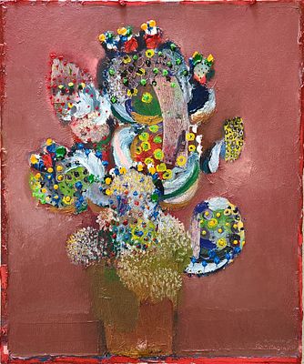 כרים אבו שקרה (נ.1982). עציץ קקטוס,
שמן על בד,
60x50 ס"מ.
חתום מלפנים ומאחור.
