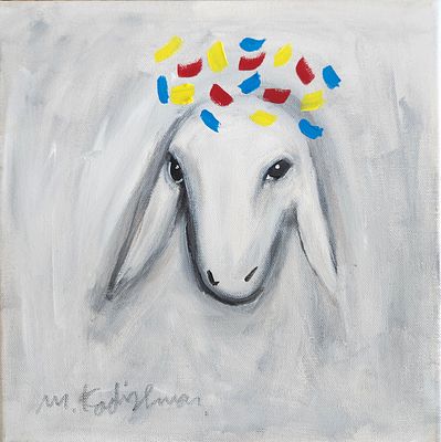מנשה קדישמן (1932-2015). כבשה לבנה,
אקריליק על בד,
30x30 ס"מ.
חתום וחתום מאחור.