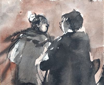 אסתר פרץ ארד (2005 - 1921) . זוג בנוף,
גואש על נייר,
27x33 ס"מ.
חתום.