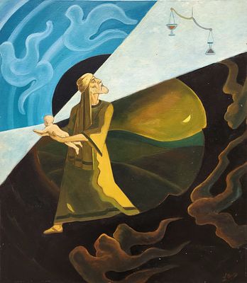 לאוניד אובולסקי (נ.1951) . עקדת יצחק,
שמן על בד,
80x70 ס"מ.
חתום.