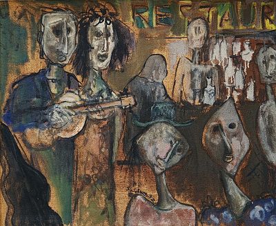 שלמה שוורץ (2008 - 1934). דמויות בבית קפה,
שמן על בד,
38x45 ס"מ.
חתום.