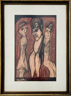 אוזיאש הופשטטר (1995 - 1905). שלוש דמויות,
גואש על נייר,
40x25 ס"מ.
חתום.