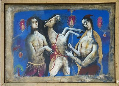 קים טקאץ' (נ.1963) . דמויות עם סוס 1997,
אקריליק על נייר עם ג'יסו,
50x70 ס"מ.
חתום ומתוארך.