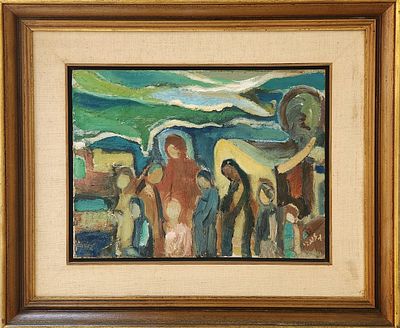 אהרון גלעדי (1907-1993). משפחה בנוף,
שמן על בד,
31x41 ס"מ.
חתום.
