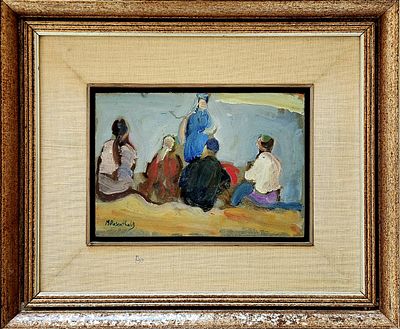 משה רוזנטליס (2008 - 1922). דמויות בנוף,
שמן על עץ,
17x25 ס"מ.
חתום.