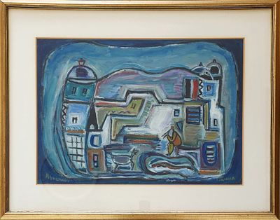פנחס אברמוביץ (1986 - 1909). דמות בנוף,
גואש על נייר,
48x68 ס"מ.
חתום.