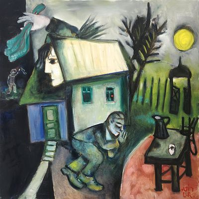 ליאו רוט (2002 - 1914). דמויות בקיבוץ,
שמן על בד,
100x100 ס"מ.
חתום.