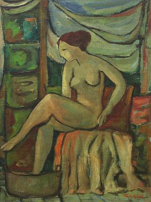 סמי בז'רנו סבין (בולגריה - ישראל, 1920-2007). נערה בעירום,
שמן על בד,
40x30 ס"מ.
חתום.