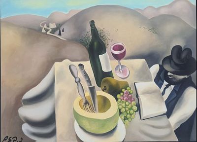 נפתלי בזם (1924-2018). שולחן שבת,
שמן על קרטון מוצמד,
49x67 ס"מ.
חתום.
עבודה נדירה ויוצאת דופן.
