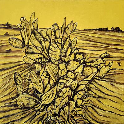 פואד אגבאריה (נ. 1981). עץ קקטוס בנוף,
שמן על בד,
100x100 ס"מ.
חתום.