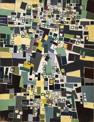 יונה לוטן (1926-1998) . צורות וצבעים,
שמן על בד,
עבודה גדולה ומרשימה,
116x89 ס"מ.
חתום