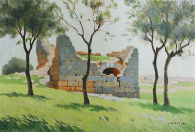 שמואל חרובי (1897-1965). קבר שייח גן העצמאות ירושלים,
שמן על בד,
36x53 ס"מ.
חתום.
מלווה