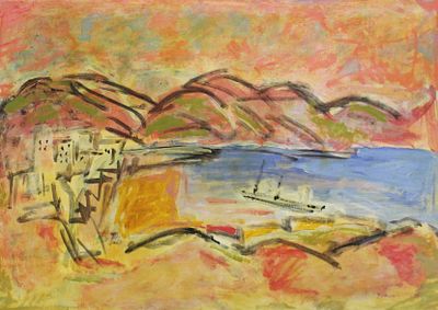 יחיאל קריזה (1968 - 1909) . נוף אילת,
גואש על נייר,
49x69 ס"מ.
חתום.