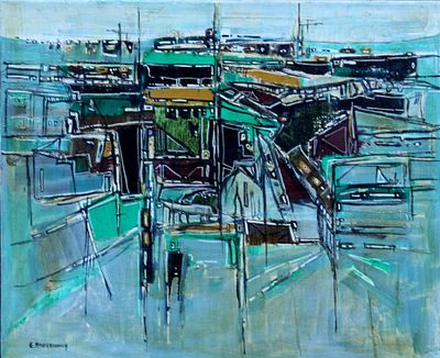 אפרים מודזלביץ (1931-1995). נוף מופשט,
שמן על בד,
50x60 ס"מ.
חתום.