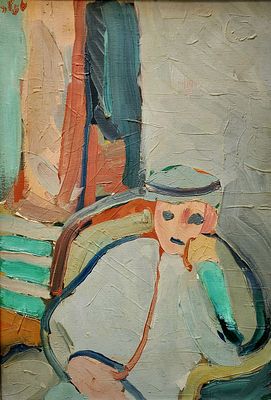 שמואל טפלר (1918-1998) . דמות במנוחה,
שמן על בד,
55x38 ס"מ.
חתום וחתום גם מאחור.