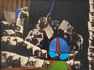עודד פיינגרש (נ.1938) . העיר הסגורה 1967,
שמן על בד,
עבודה מוקדמת ונדירה..
60x80 ס"מ.
חתום