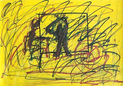 אלכס קרמר (נ.1966). דמות בנוף,
שמן על נייר,
50x70 ס"מ.
חתום.
