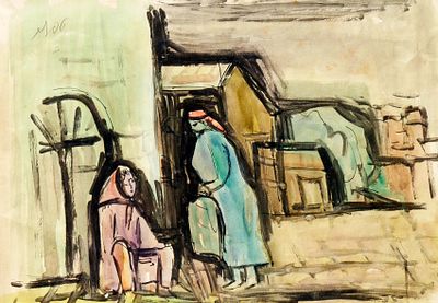 שמואל טפלר (1918-1998). דמויות בכפר,
אקוורל על נייר,
31x46 ס"מ.
חתום.