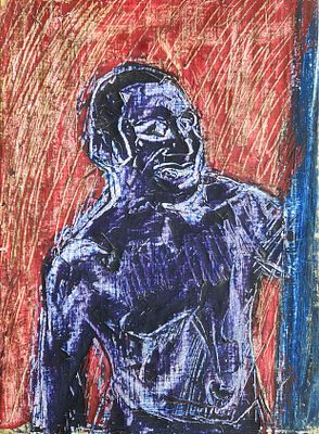 אלכס קרמר (נ.1966). דמות בסגול,
שמן על בד,
37x27 ס"מ.
חתום מלפנים ומאחור.