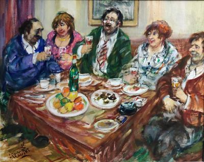 משה צ'אוסקי (2014 - 1935). ארוחה משפחתית,
שמן על בד מוצמד לעץ,
40x50 ס"מ.
חתום.