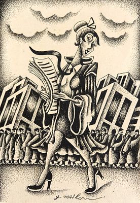 יובל מלר (נ.1951). בדרך למשרד,
טוש על נייר,
27.5x19 ס"מ.
חתום.