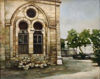 דים יוז (נ.1947) . מבנה בנוף,
שמן על בד,
40x50 ס"מ.
חתום.