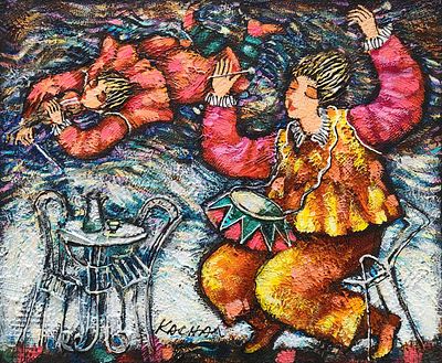 מיכאל קצאן (נ.1964). זוג נגנים,
אקריליק על בד,
50x61 ס"מ.
חתום.