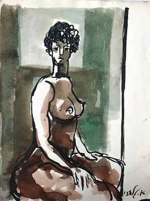 אהרון גלעדי (1907-1993). נערה בעירום,
אקוורל על נייר,
33x25 ס"מ.
חתום.