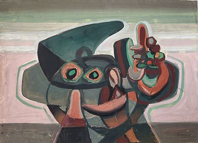 מרדכי אריאלי (1909-1993). דומם מופשט,
גואש על נייר,
25x35 ס"מ.
חתום.