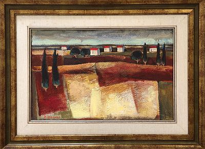 מיכאל קרזנר (נ.1964). בתים בנוף,
שמן על בד,
45x70 ס"מ.
חתום.