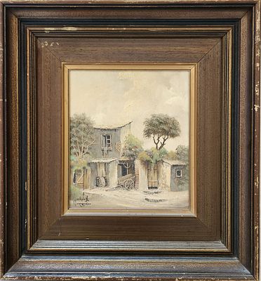 יעקב נובוגרודר (נ.1939). בתים בנוף,
שמן על בד,
24x21 ס"מ.
חתום.
